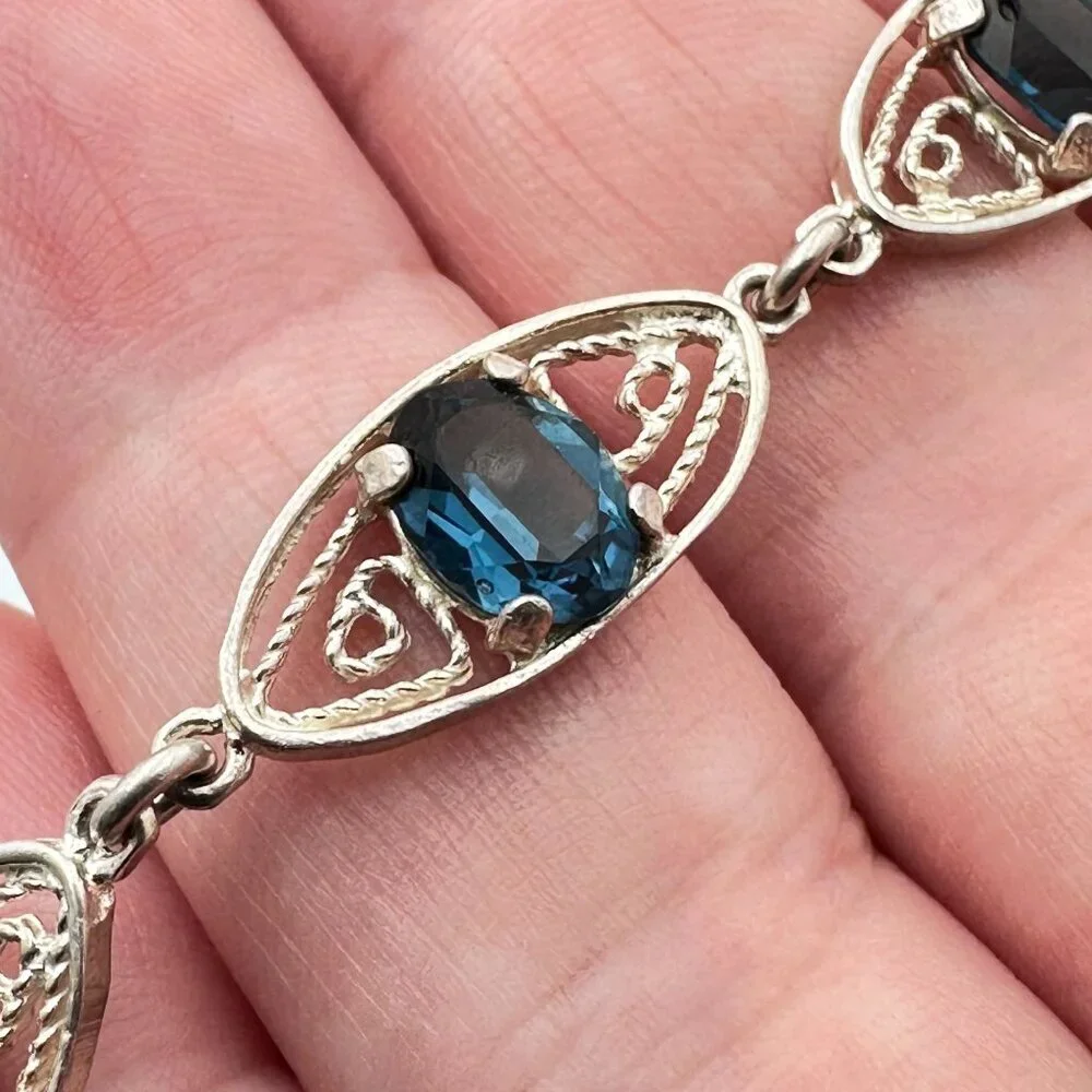 Sterling Silver Womens Bracelet Estate Vintage Blue Glass Stone Filigree
